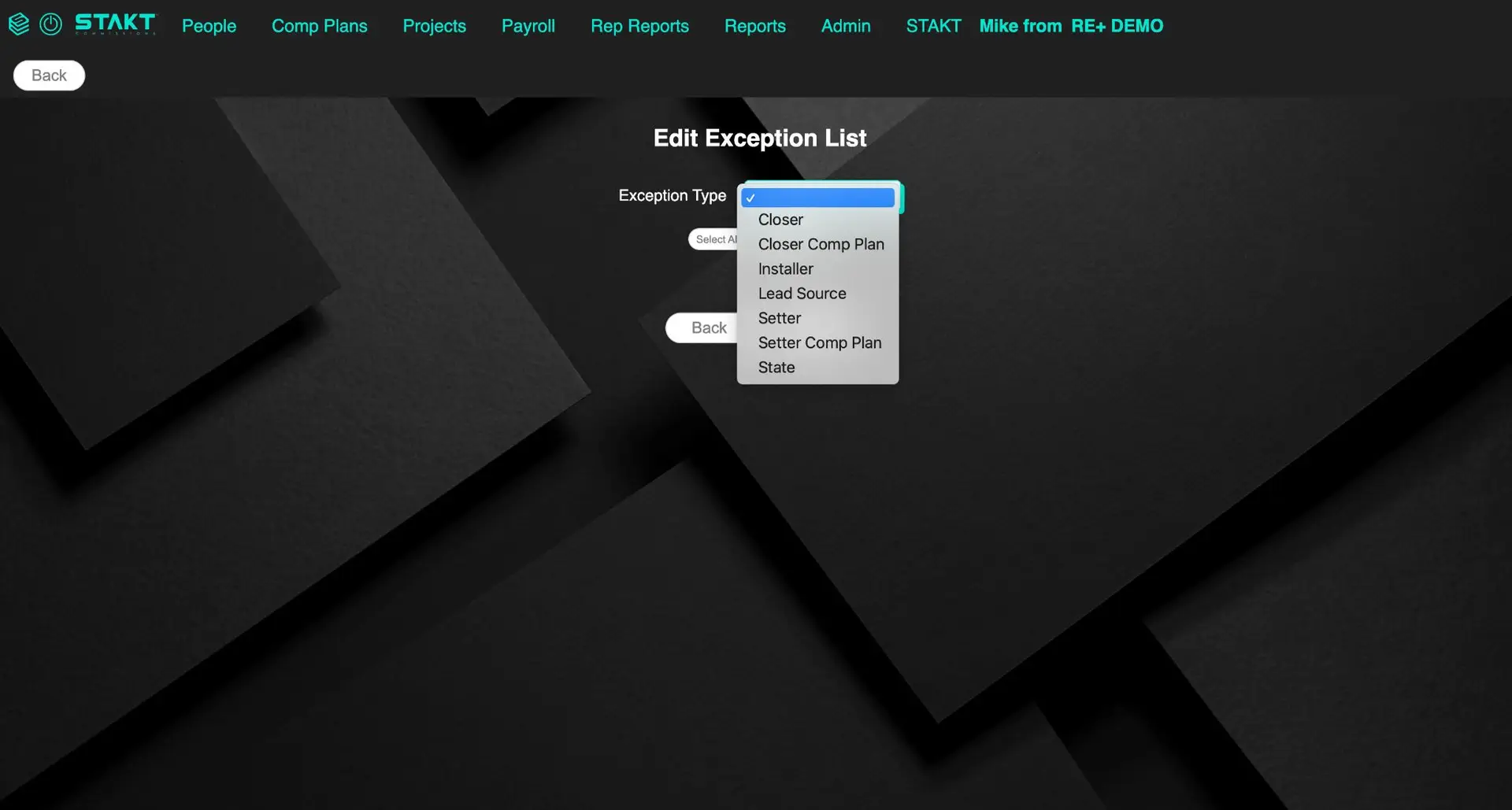 STAKT Comp Plans Edit Exception List screen with Exception Type dropdown menu.