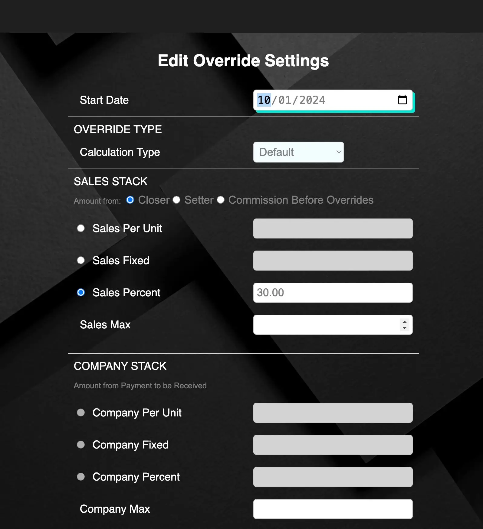STAKT Edit Override Settings screen for configuring commission structures.