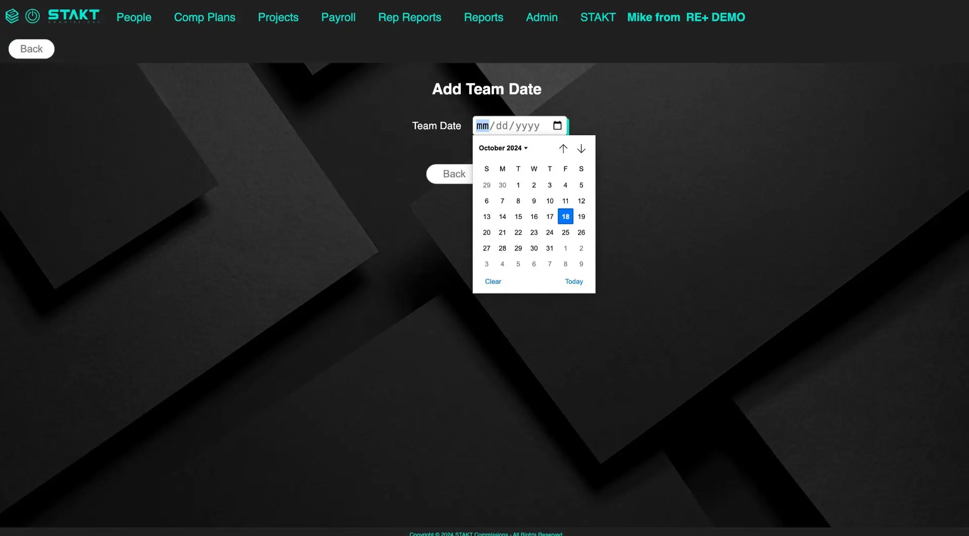 STAKT Comp Plans Add Team Date screen with date picker for October 2024.