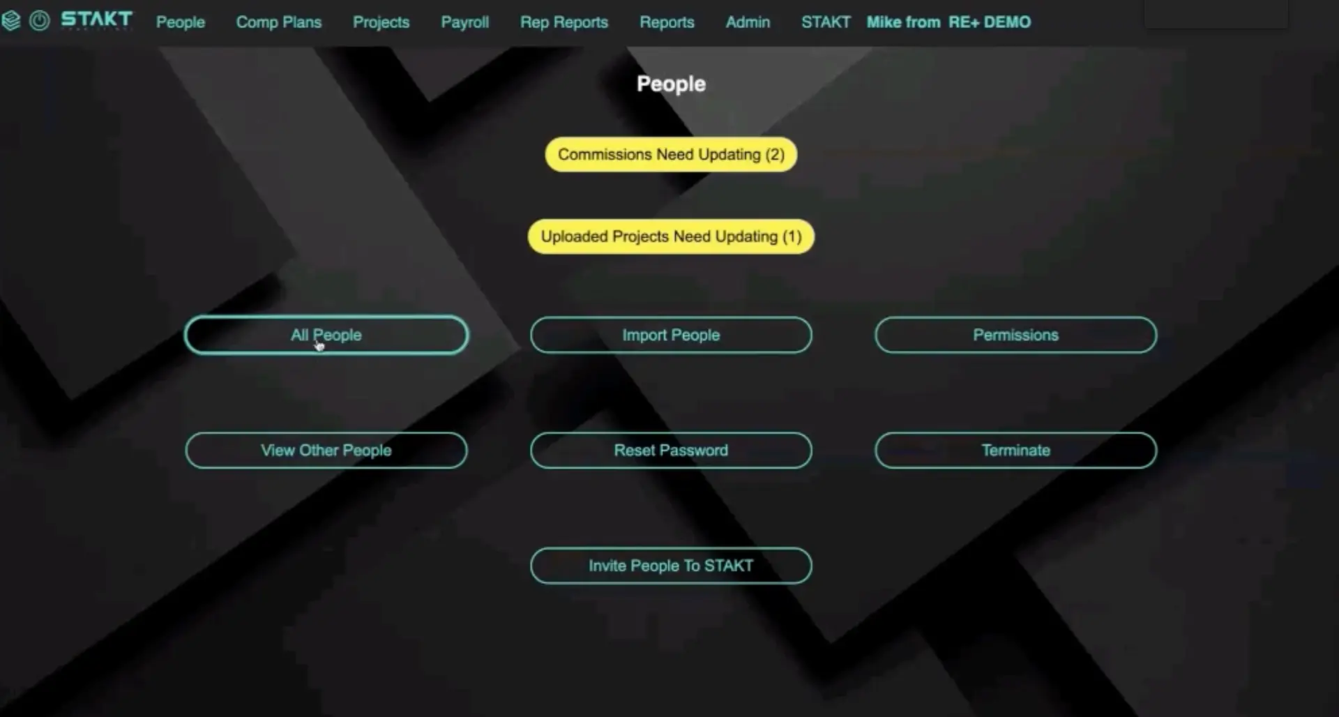 STAKT People management screen with options to manage and update people-related tasks.