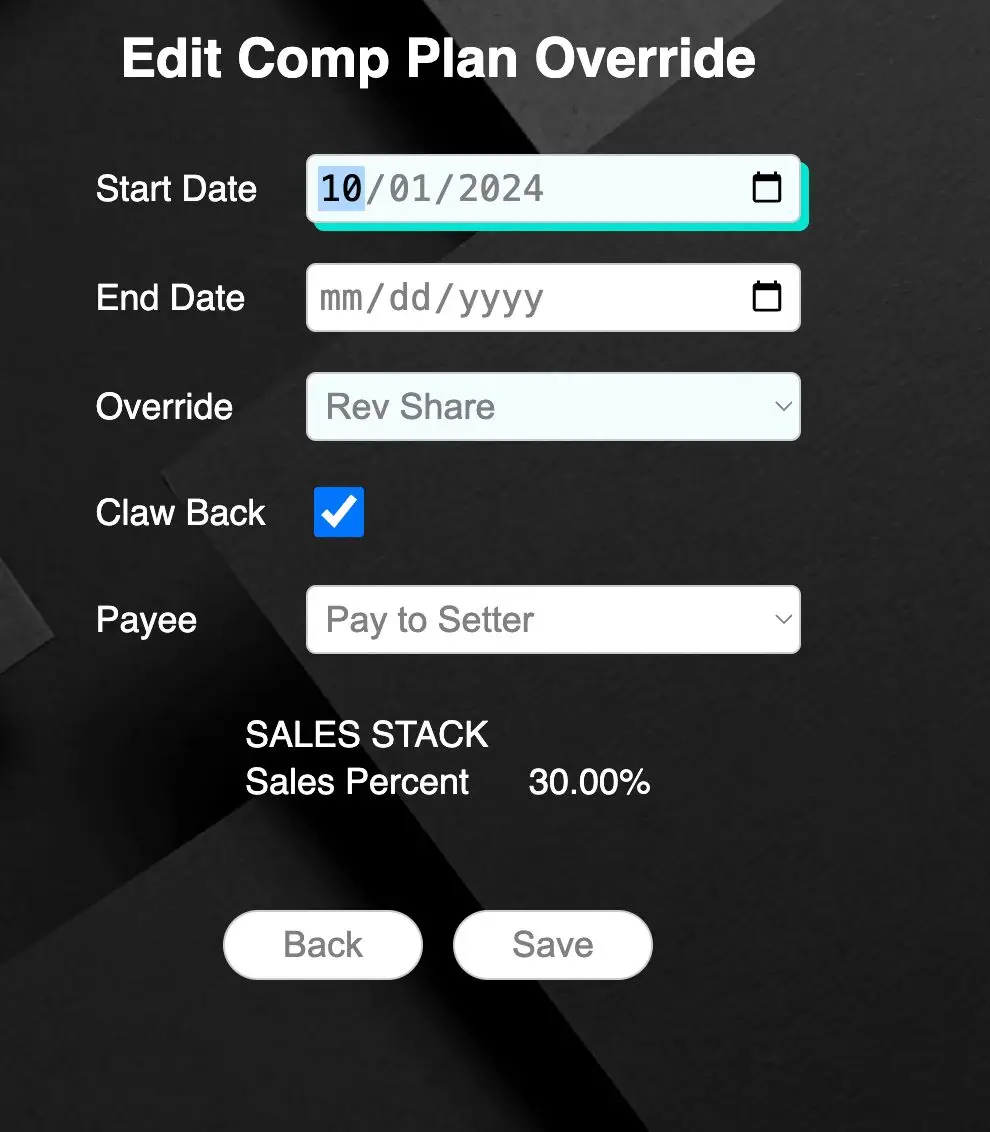 STAKT Edit Comp Plan Override screen for configuring compensation plan overrides.