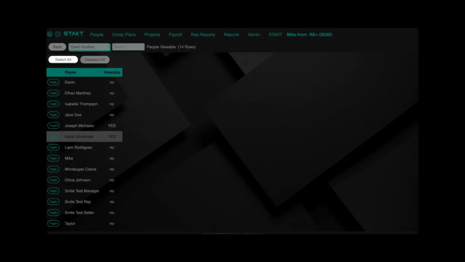STAKT People Viewable screen showing a list of payees with toggle options for visibility.