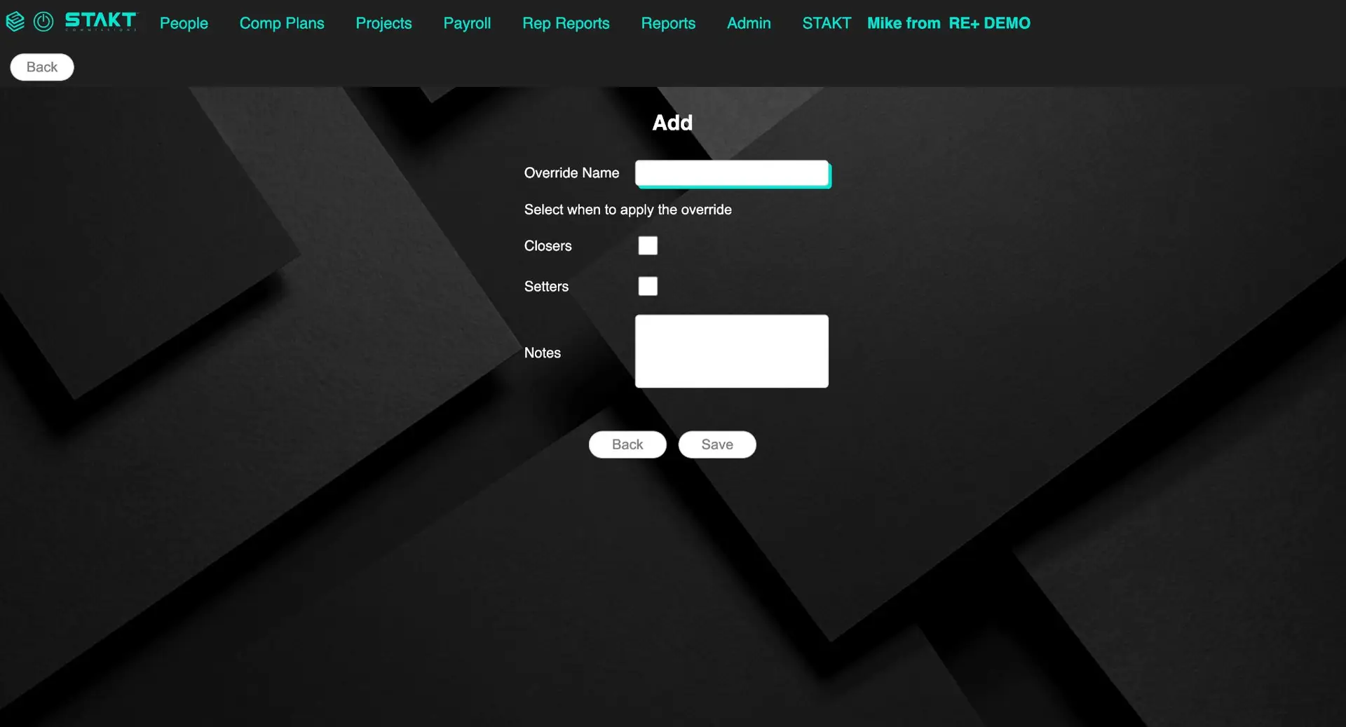 STAKT Comp Plans Add Individual Override screen