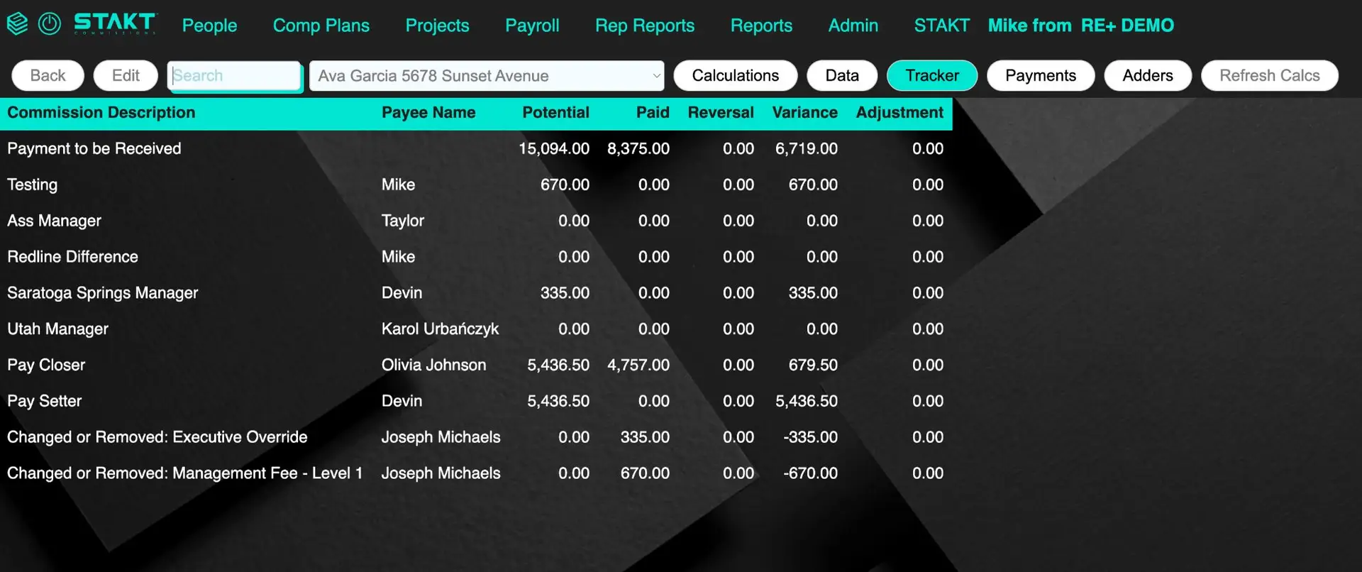 STAKT Projects feature showing commission tracking table with navigation and control buttons.