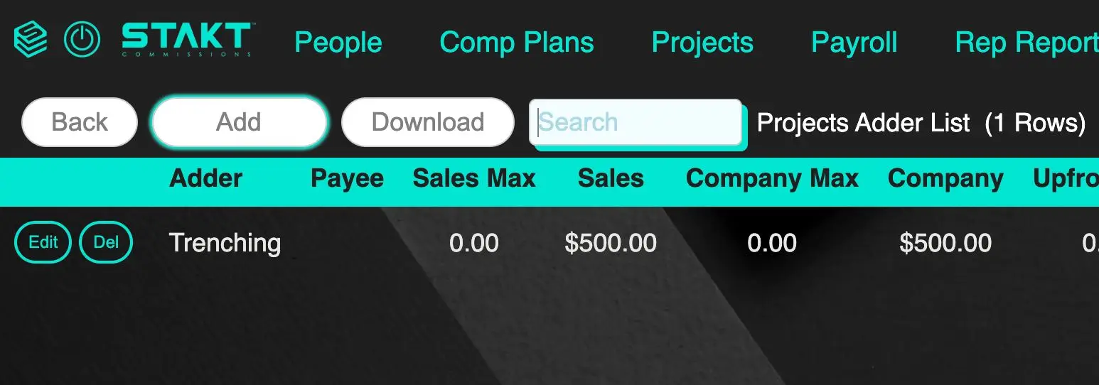 STAKT Comp Plans Projects Adder List page showing adder details and options to add, edit, or delete entries.