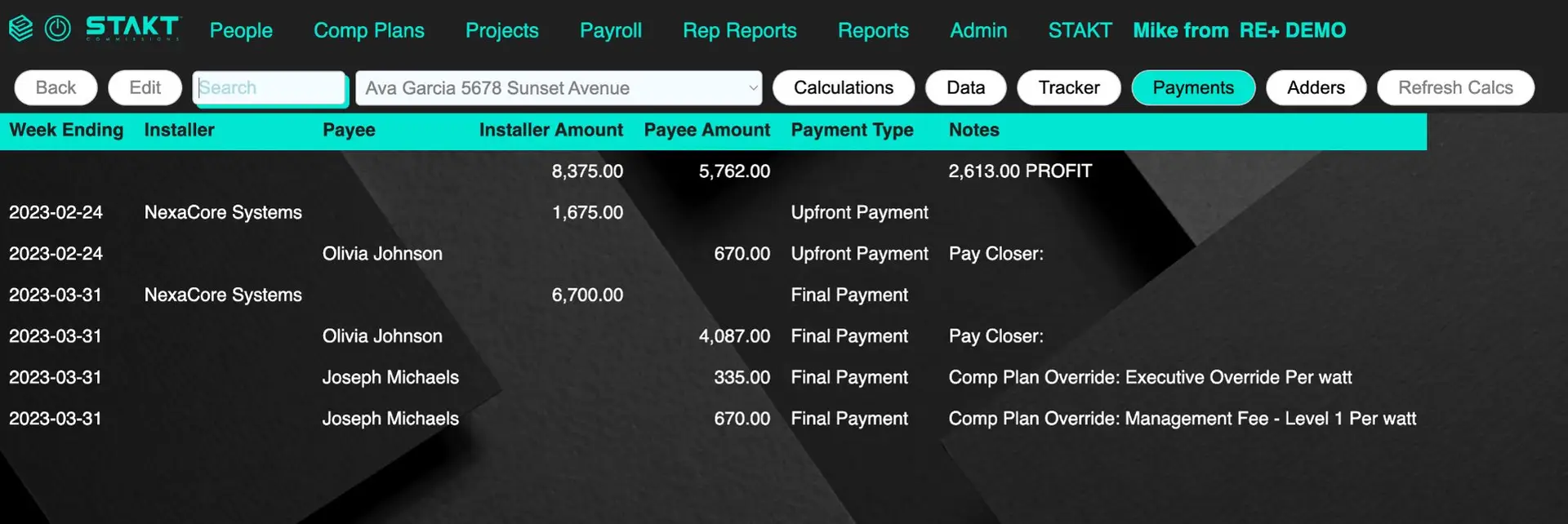 STAKT Projects feature showing financial transactions and commission details.