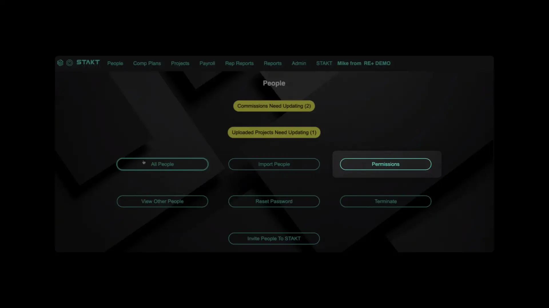 STAKT People section with options to manage individuals, including updating commissions and projects, and buttons for actions like importing people and resetting passwords.