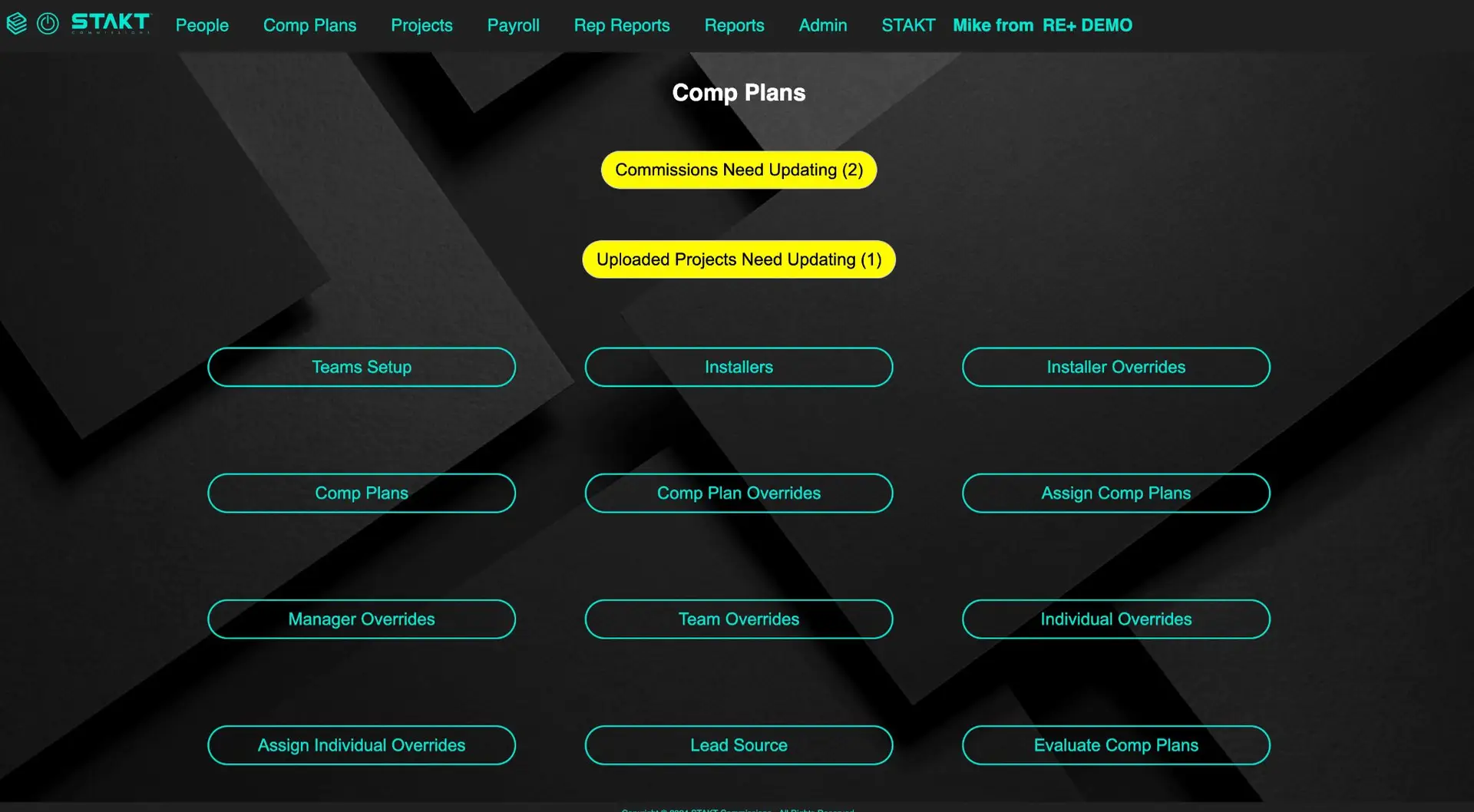 STAKT Comp Plans screen with options for managing compensation plans and overrides.
