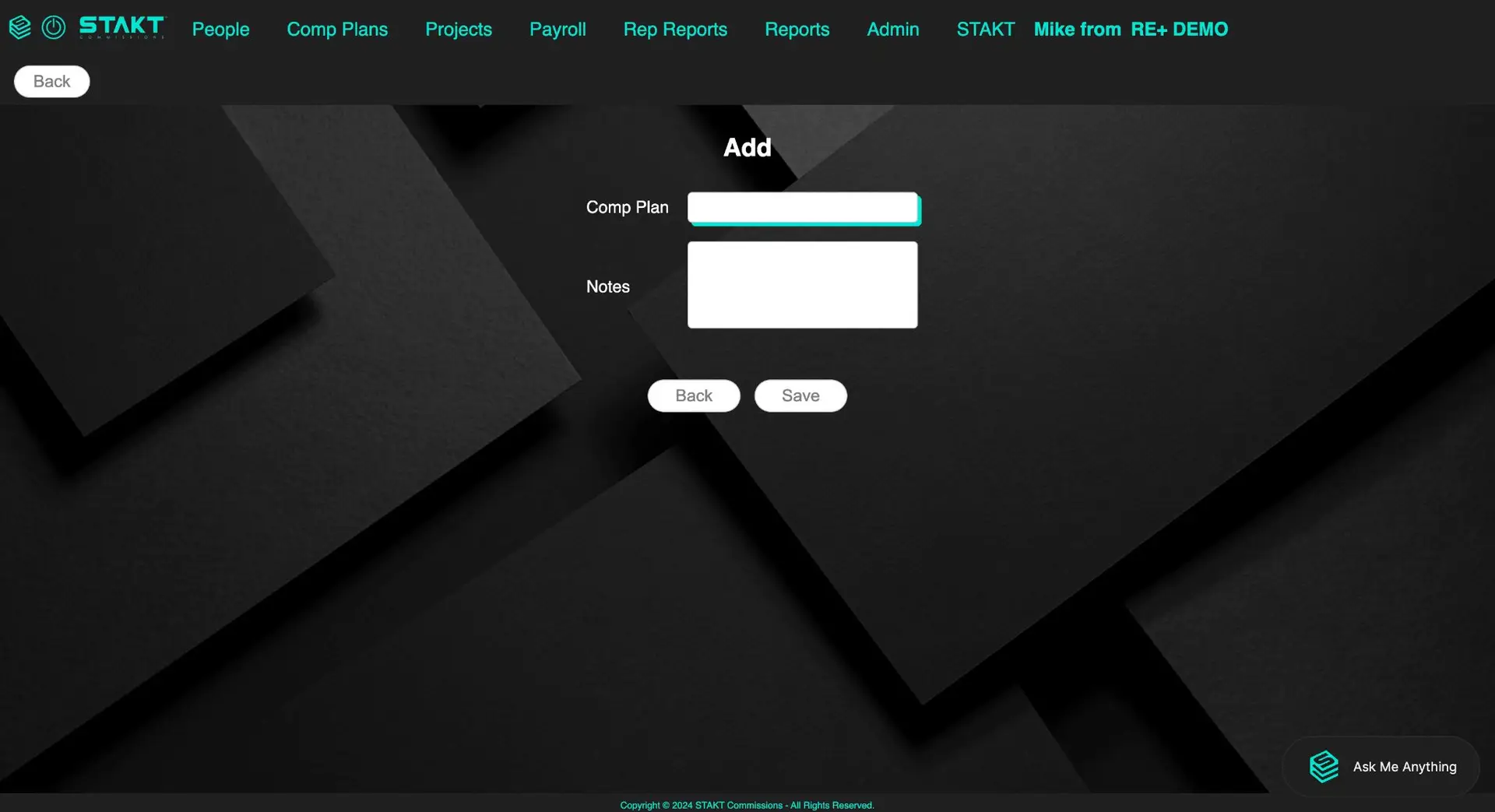 STAKT Add Comp Plan screen with fields for Comp Plan and Notes, and Back and Save buttons.