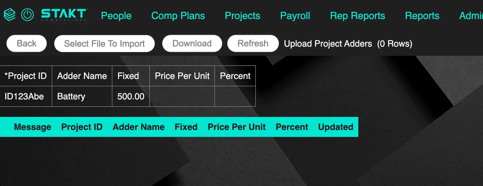 STAKT Manage Adders screen in Comp Plans feature
