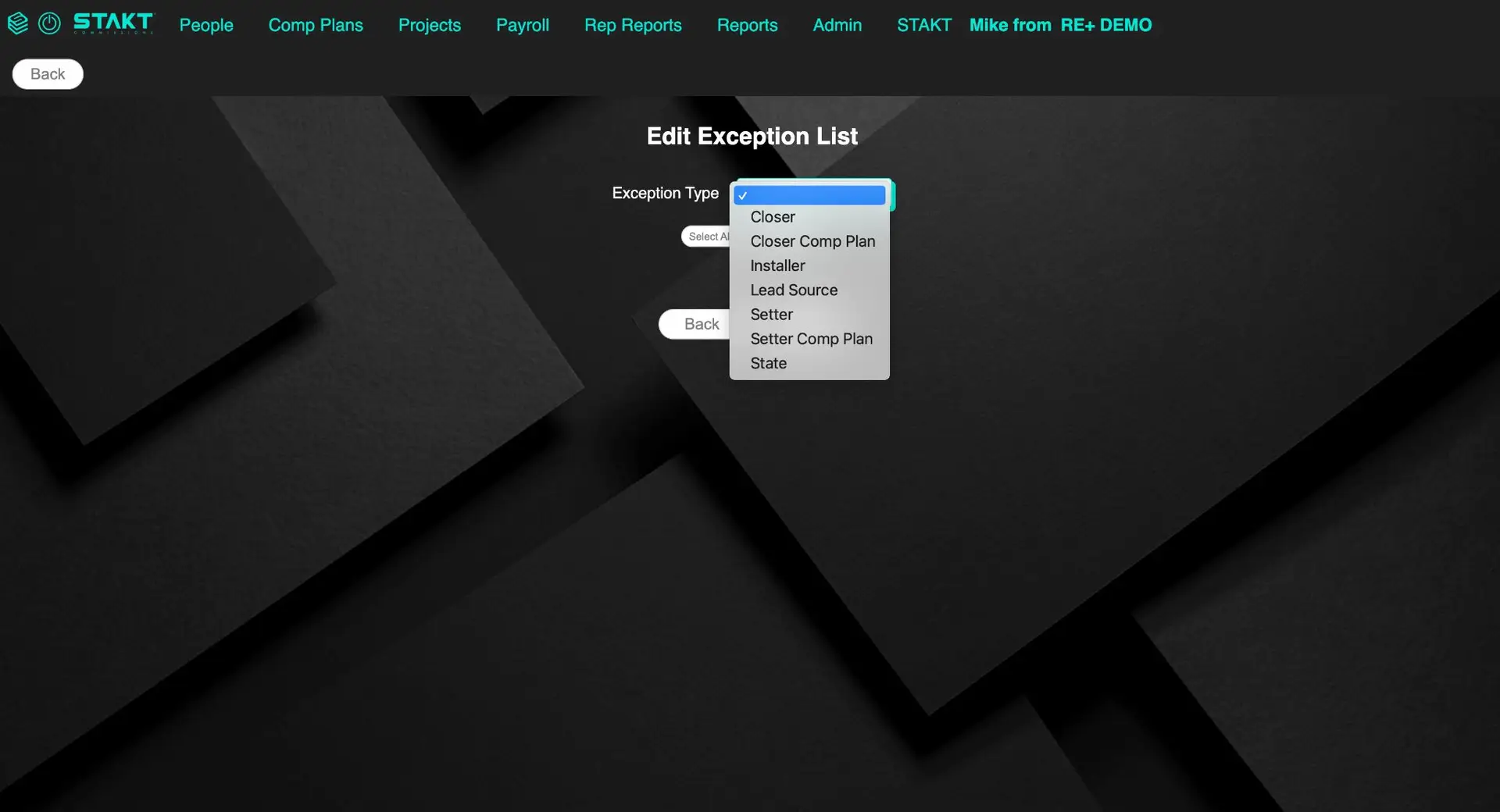 STAKT Comp Plans Edit Exception List screen with Exception Type dropdown menu.