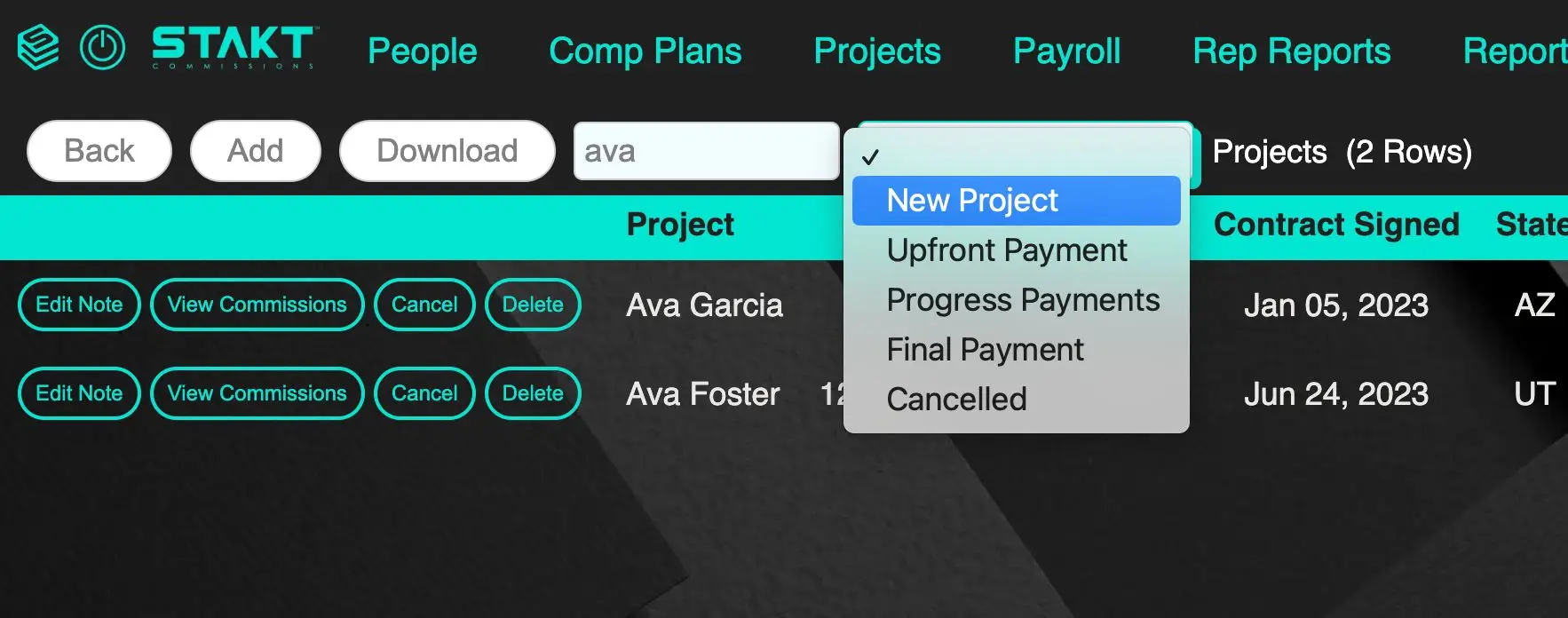 STAKT Projects management screen showing project list and options.