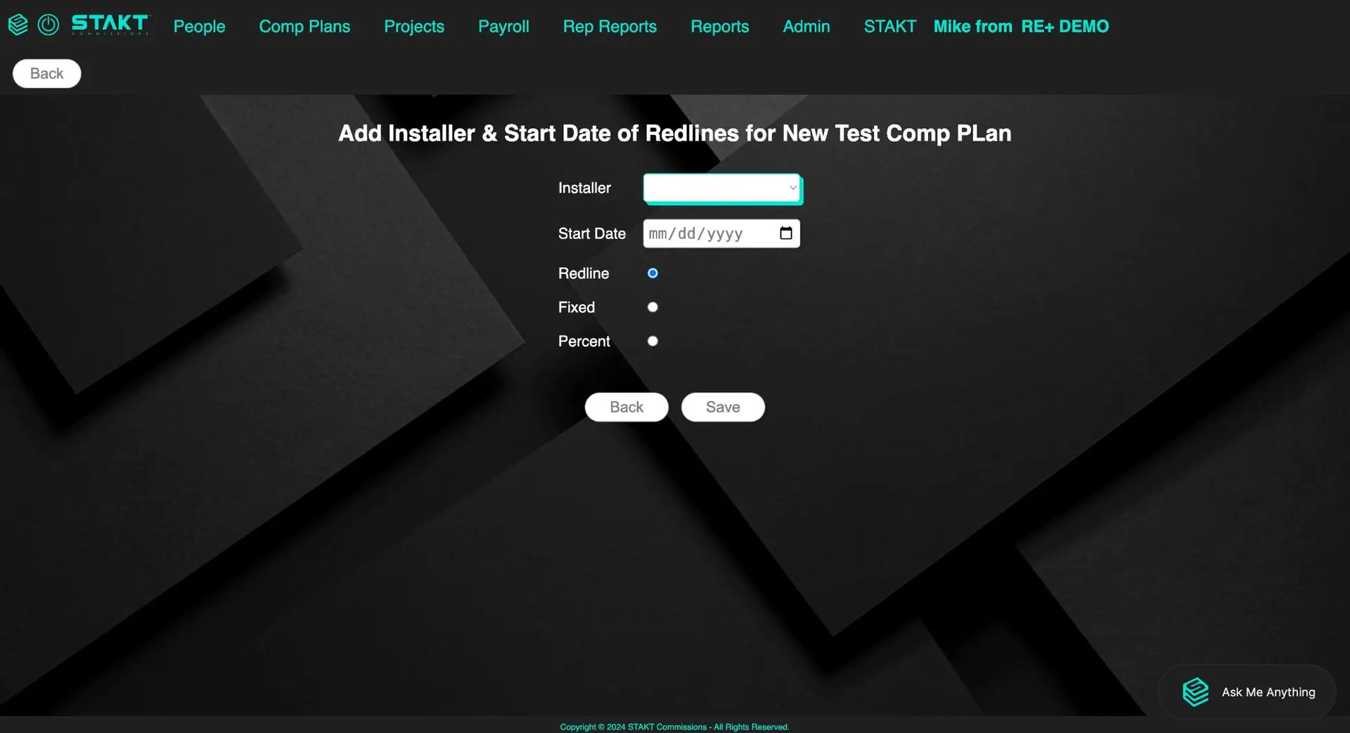 STAKT Add Installer & Start Date for New Comp Plan screen
