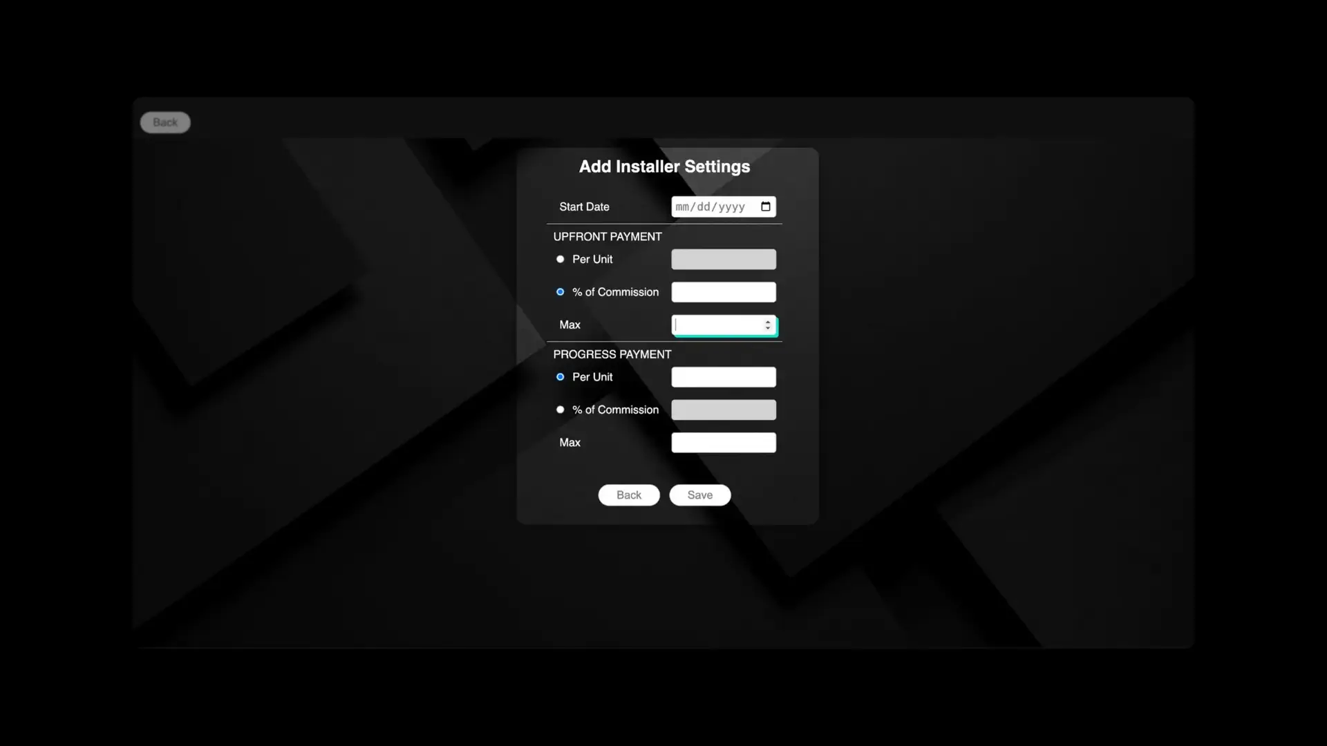 STAKT Add Installer Settings screen for configuring payment options.