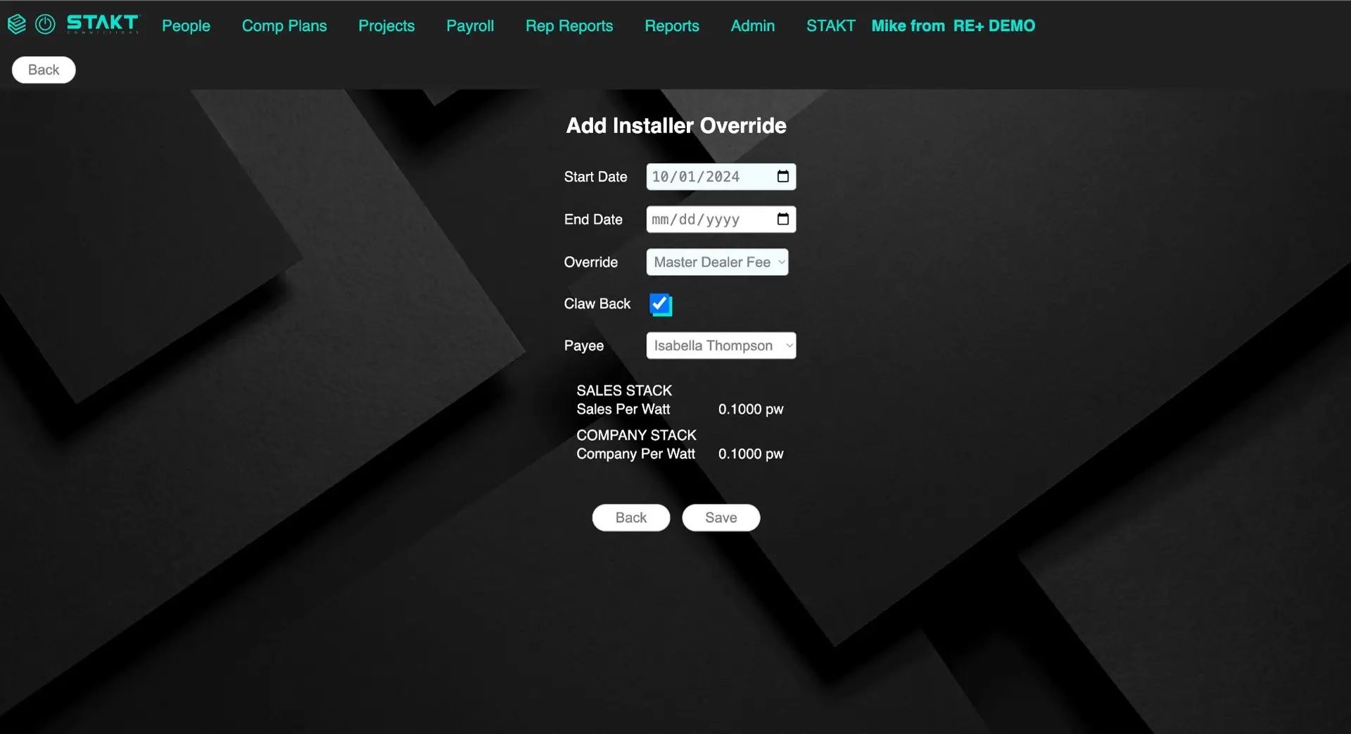 STAKT Add Installer Override screen in Comp Plans feature