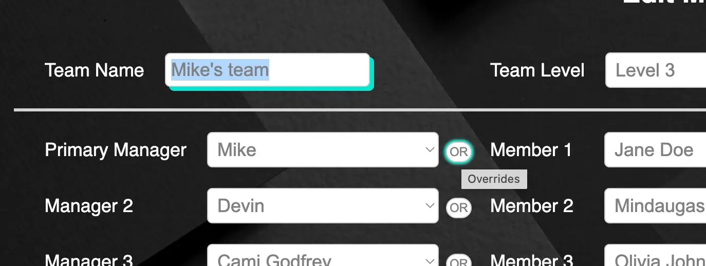 STAKT Manage Teams Comp Plans configuration screen showing team name, level, and manager assignments.