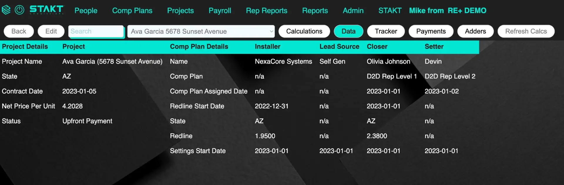 STAKT Projects feature screen showing project details and management options.
