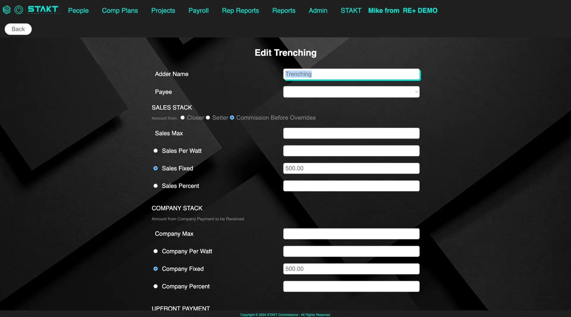 STAKT Comp Plans Edit Trenching page for managing adders