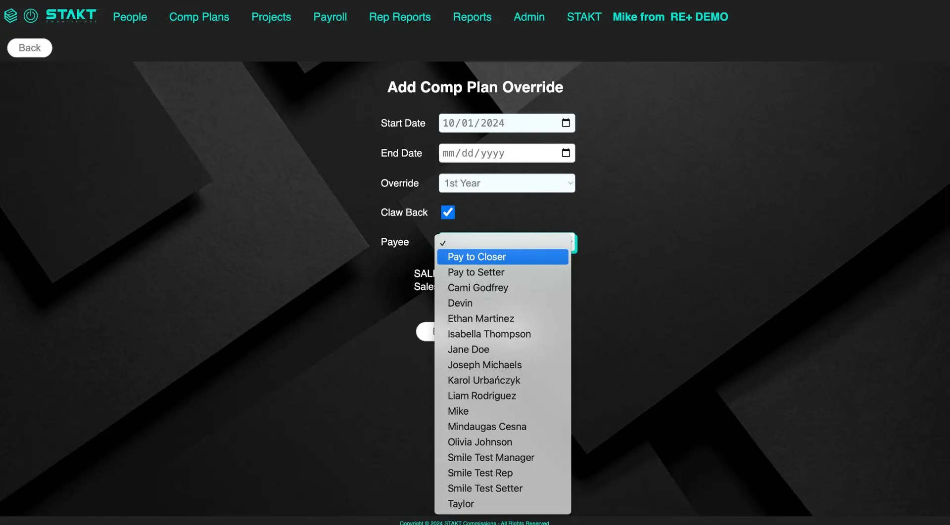 STAKT Add Comp Plan Override screen with fields for start date, end date, override options, and payee selection.