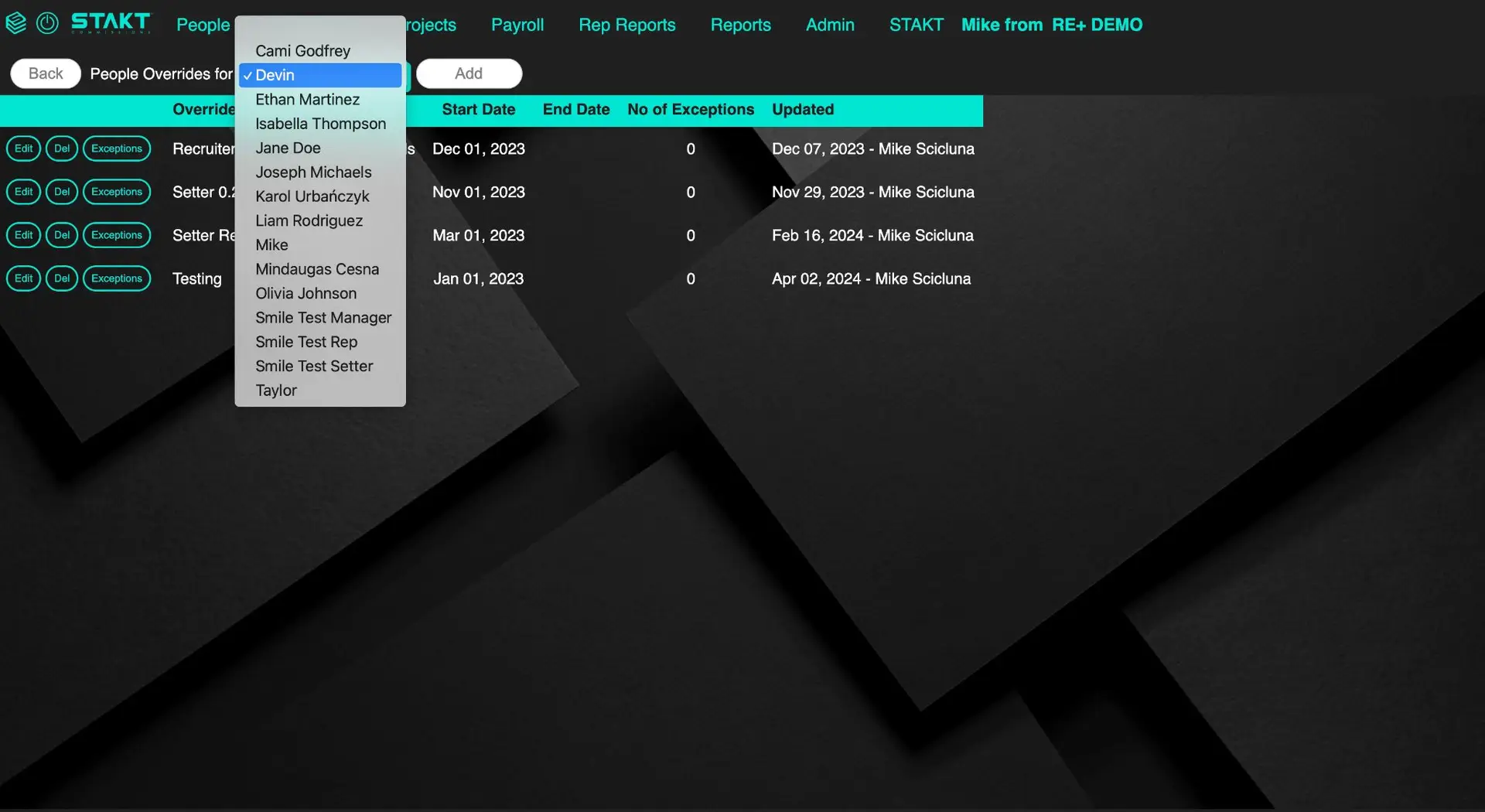 STAKT Individual Overrides Comp Plans screen with dropdown menu and table of overrides.