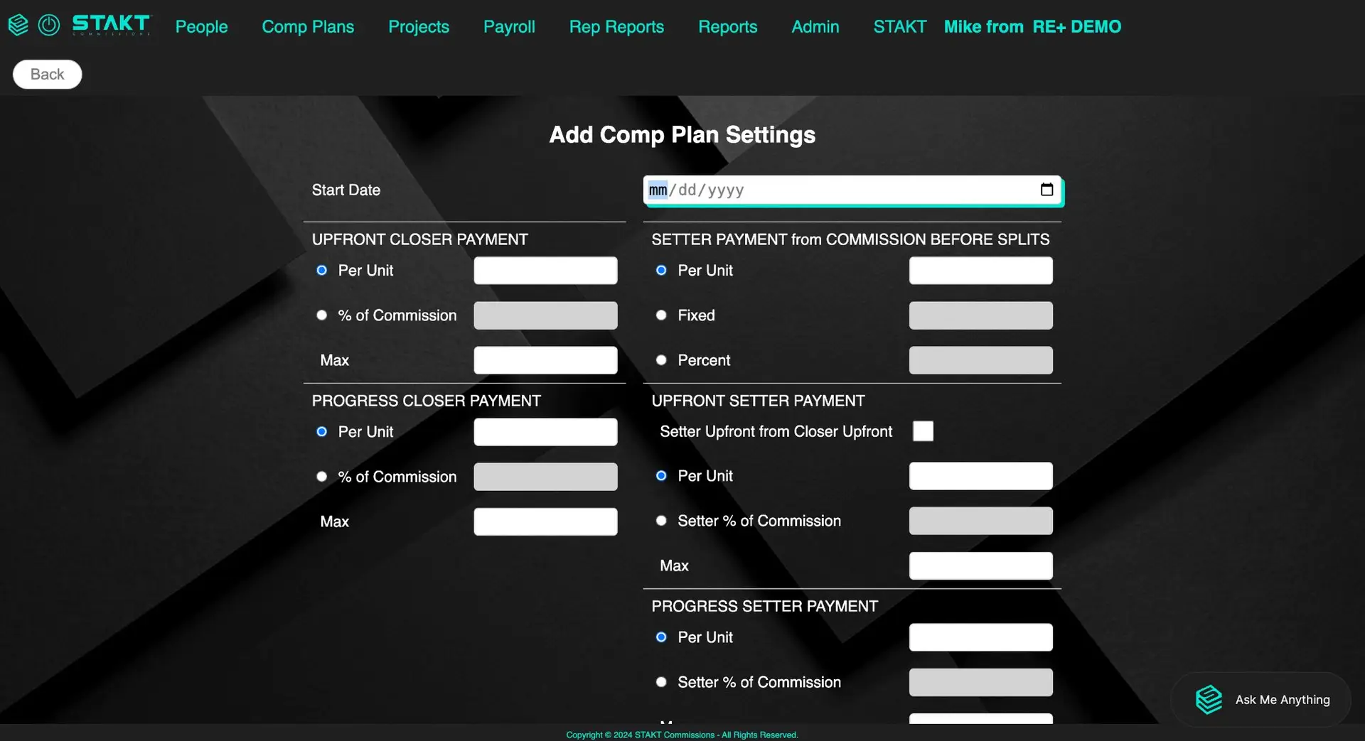 STAKT Add Comp Plan Settings screen for creating compensation plans.
