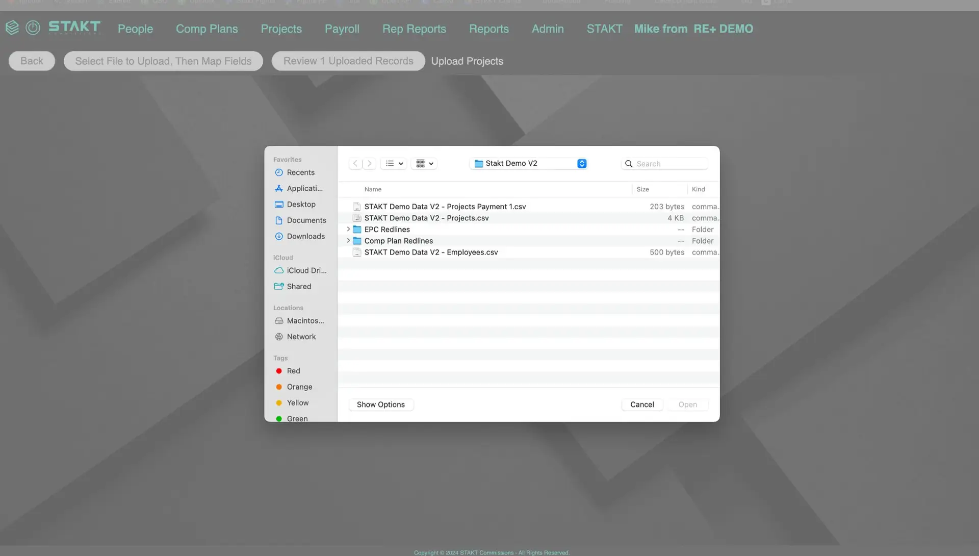 STAKT Upload Projects file selection dialog