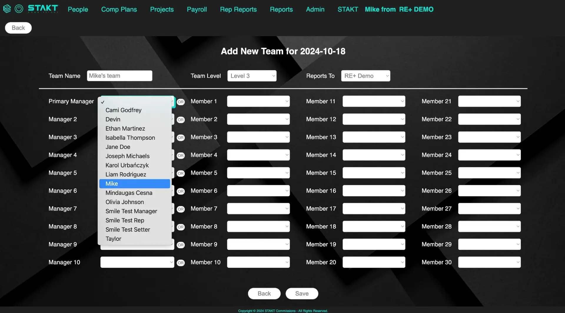 STAKT Add New Team screen for 2024-10-18, showing team setup options and member list.