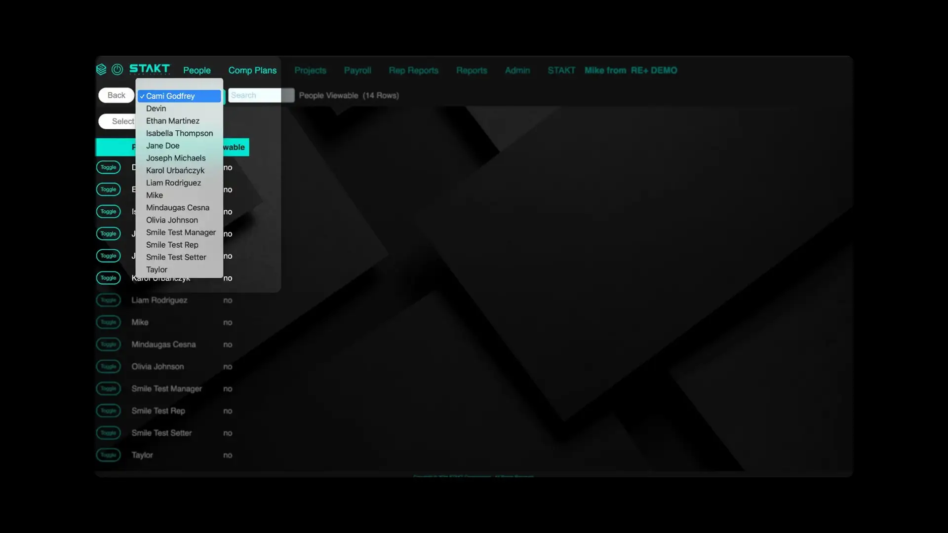 STAKT People Viewable screen showing a dropdown list of names and toggle options.