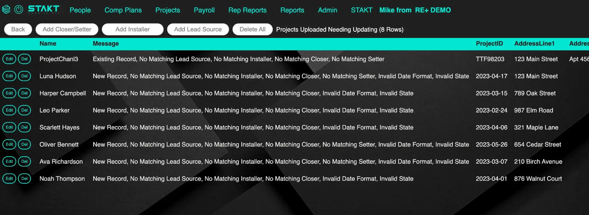 STAKT Projects section showing projects needing updates with navigation and action buttons.