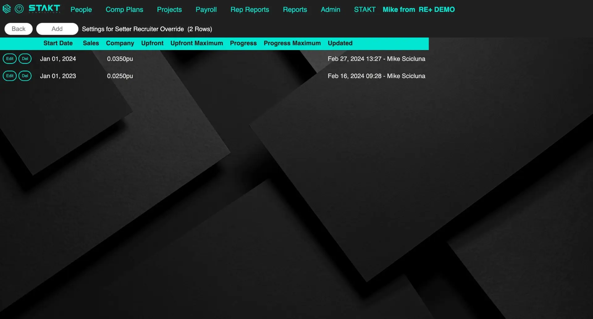 STAKT Comp Plans Individual Overrides Settings for Setter Recruiter Override page
