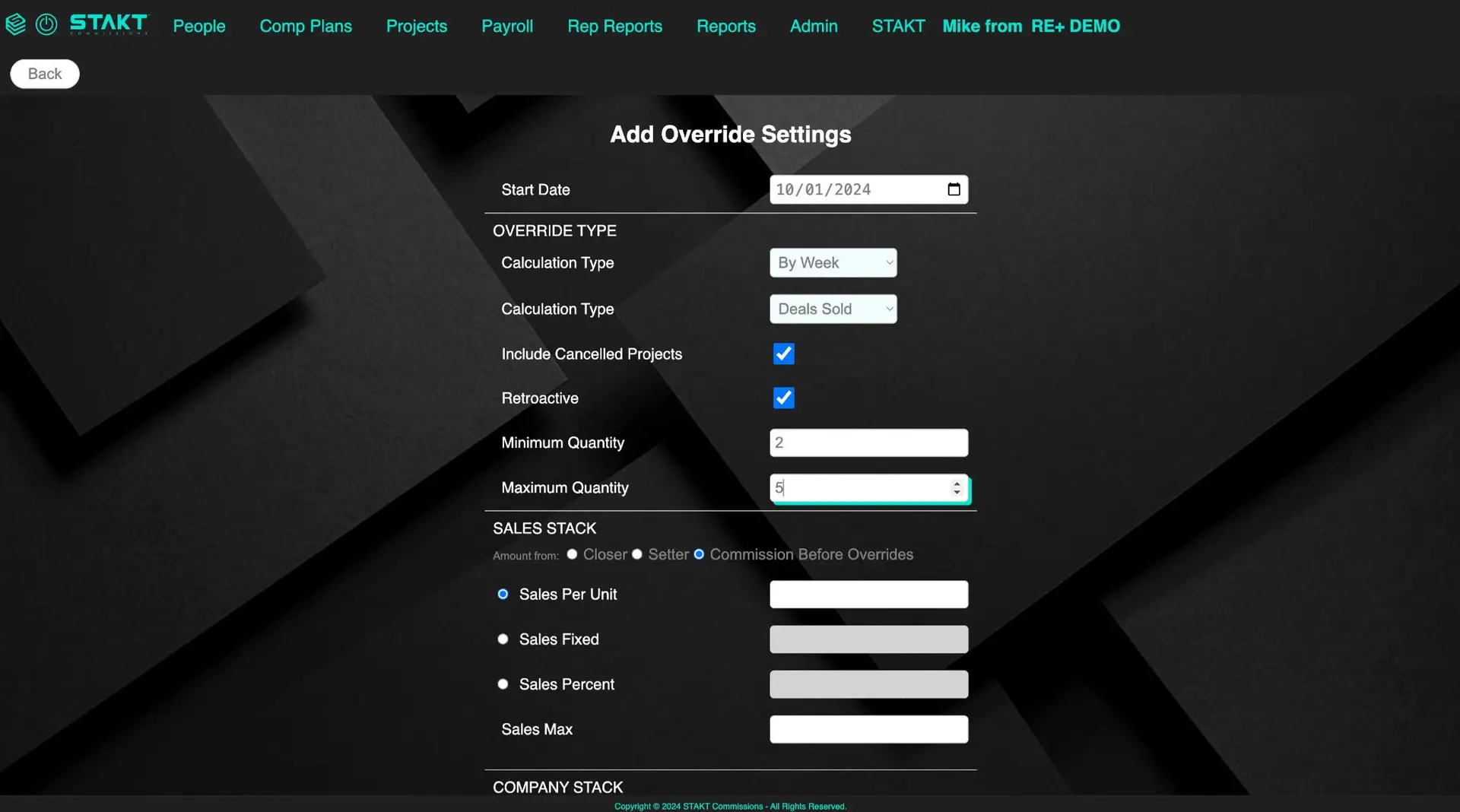 STAKT Add Override Settings screen for Comp Plans
