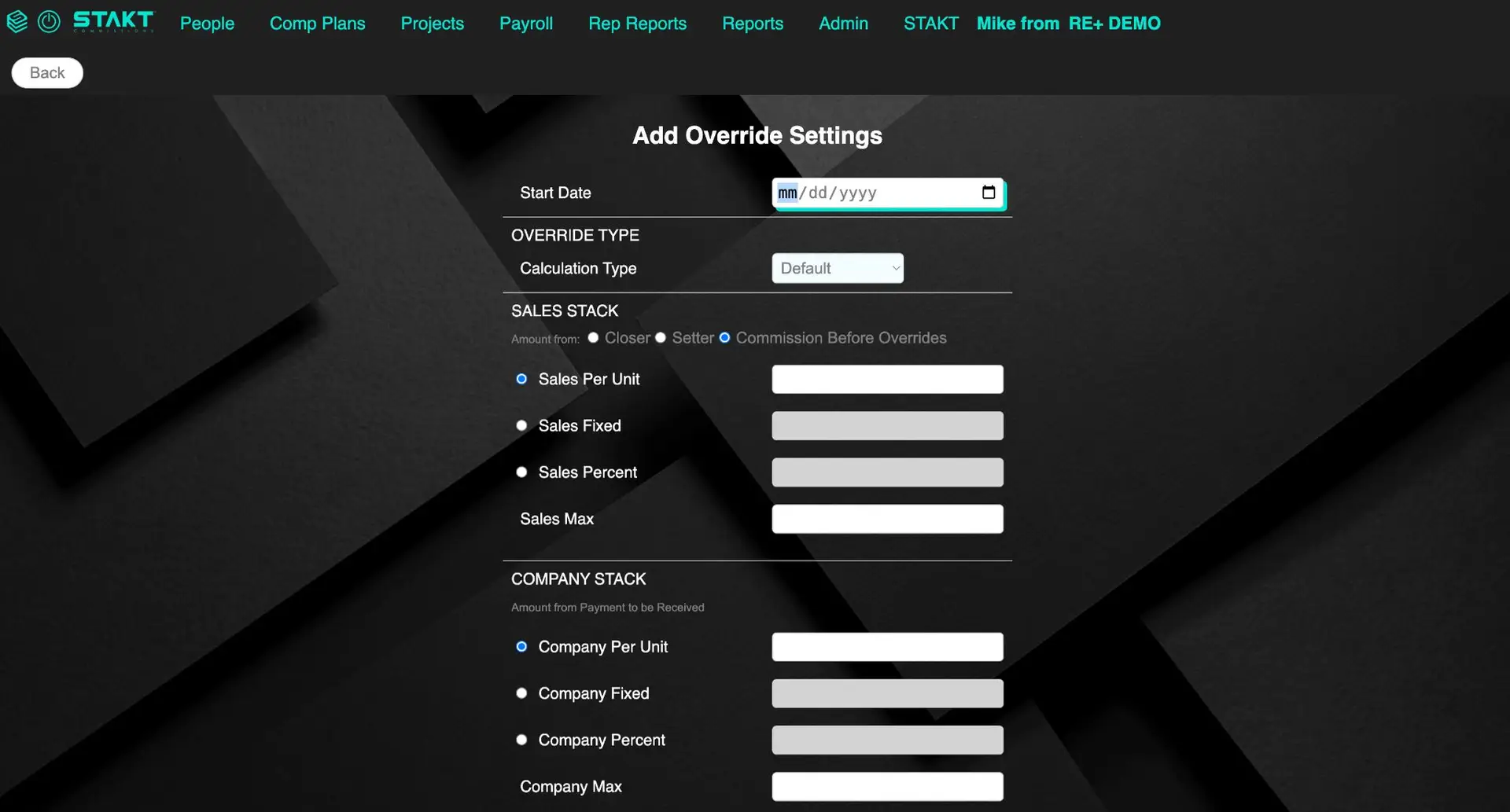 STAKT Add Override Settings screen for Comp Plans