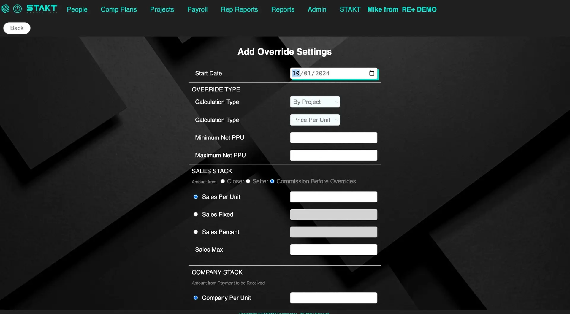 STAKT Add Override Settings screen for configuring commission overrides in Comp Plans.