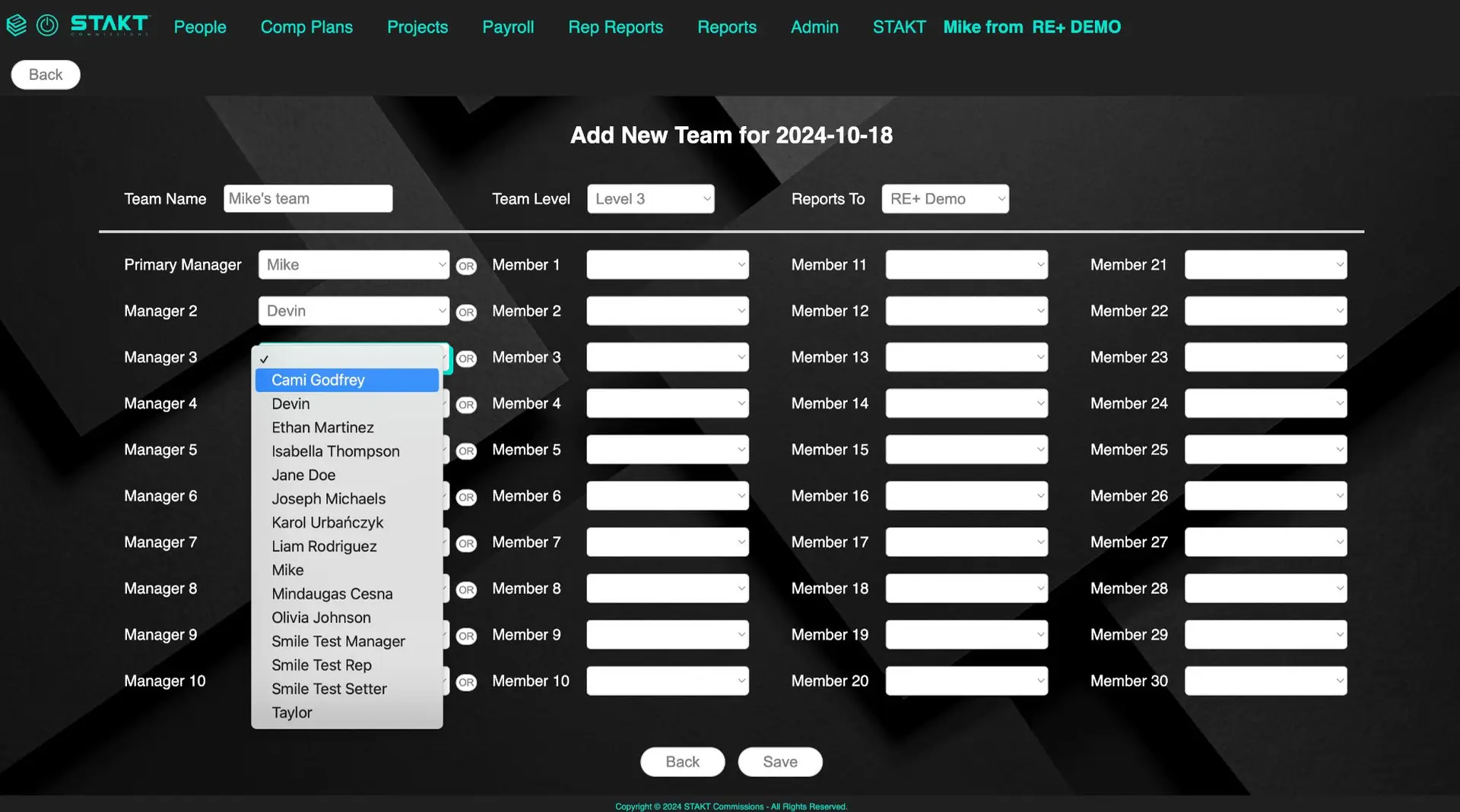 STAKT Add New Team screen for managing team composition and hierarchy.