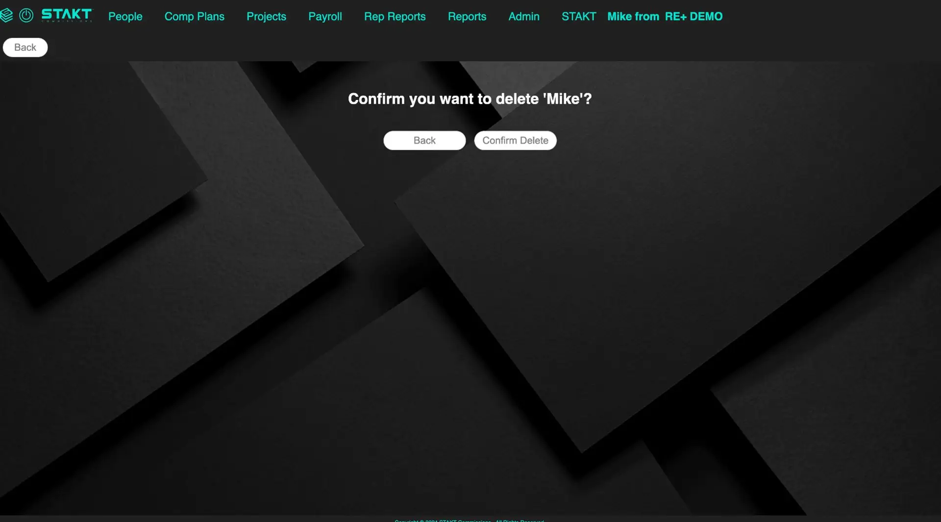 STAKT application confirmation screen for deleting a person named Mike.