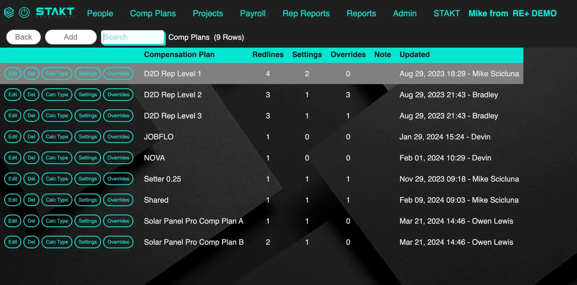 STAKT Comp Plans screen showing a list of compensation plans with options to edit and manage each plan.