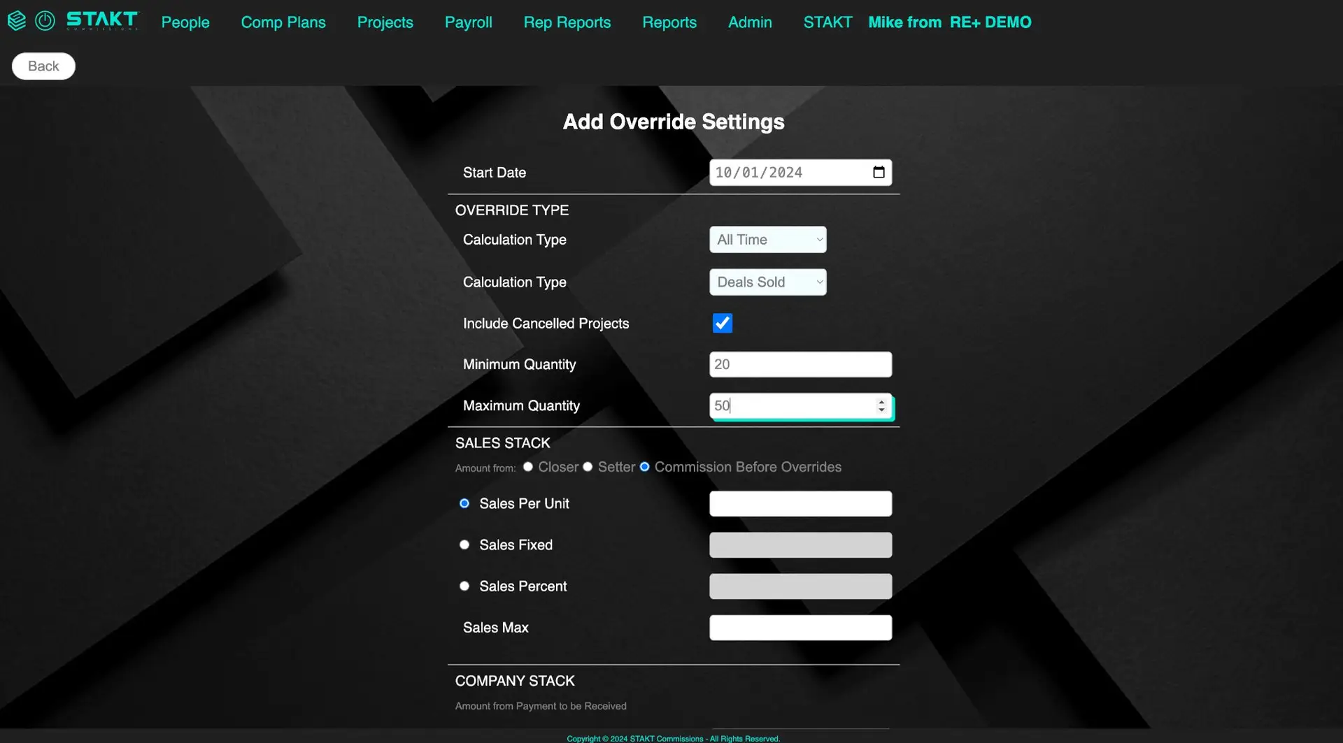 STAKT Add Override Settings screen for Comp Plans feature
