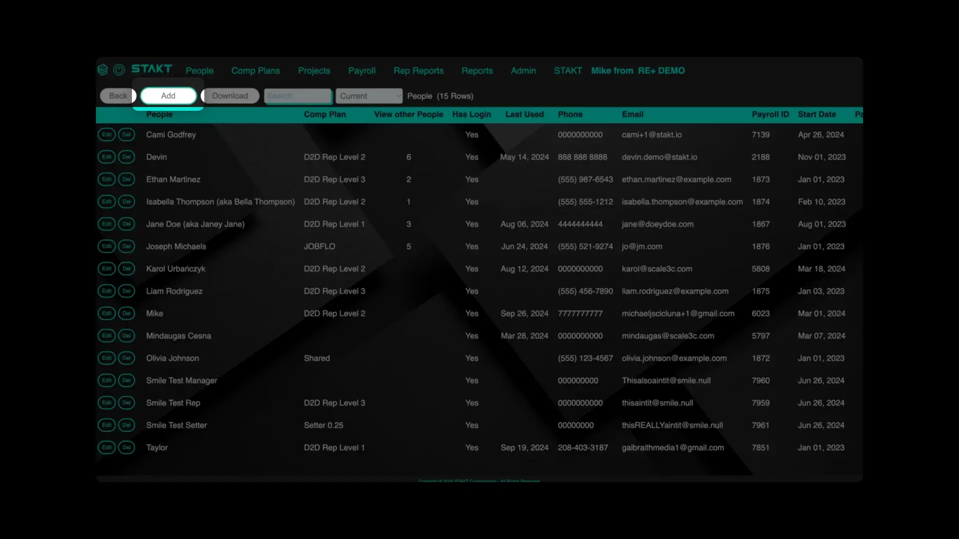 STAKT People section showing a list of individuals with details like compensation plans and contact information.