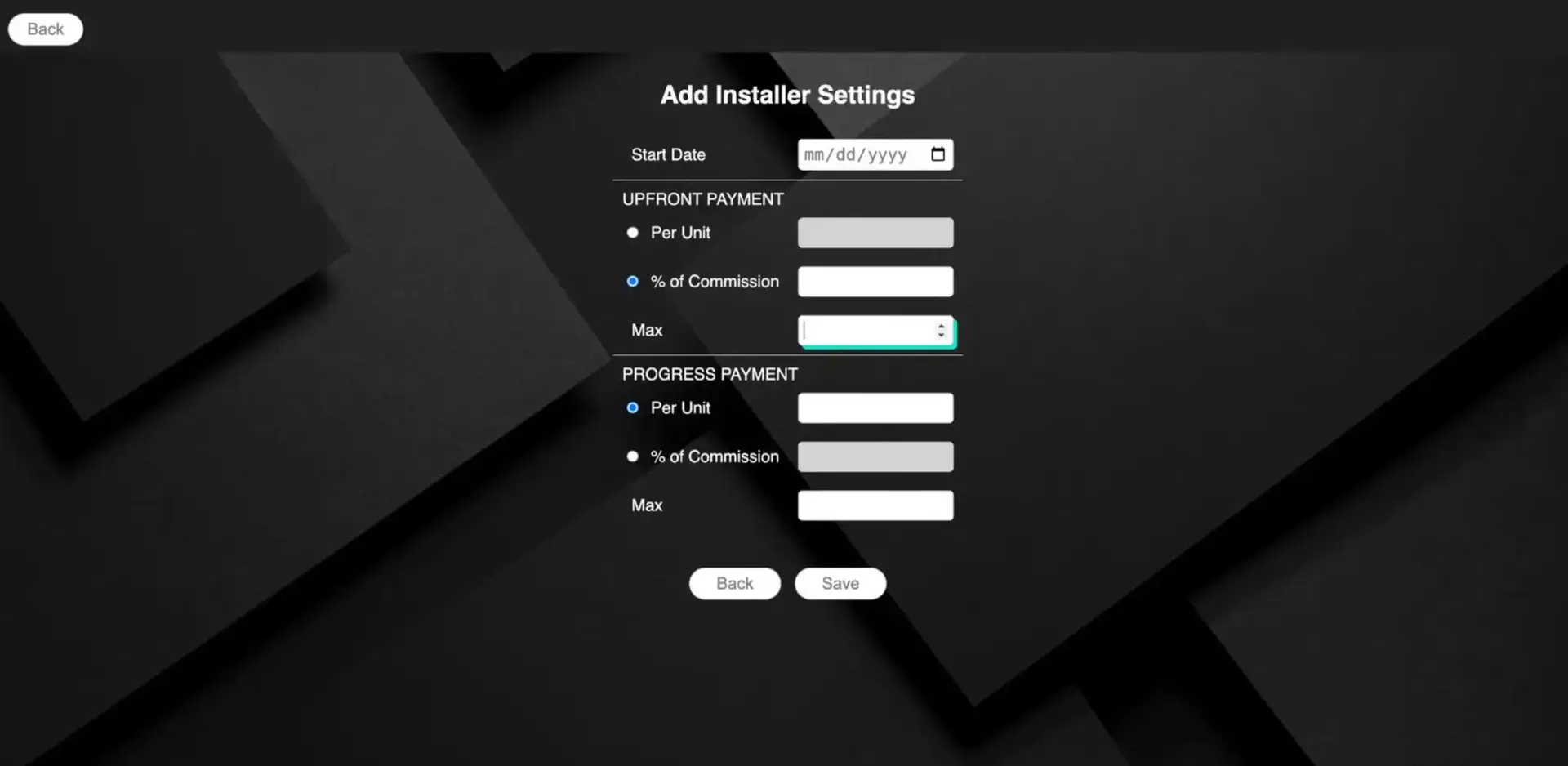 STAKT Add Installer Settings screen for configuring payment options.
