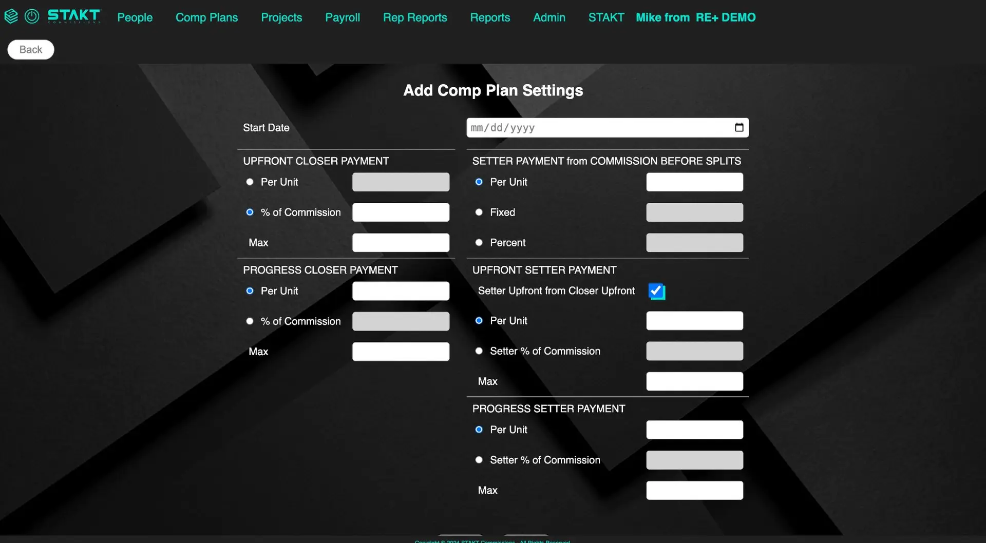 STAKT Add Comp Plan Settings screen for creating compensation plans.