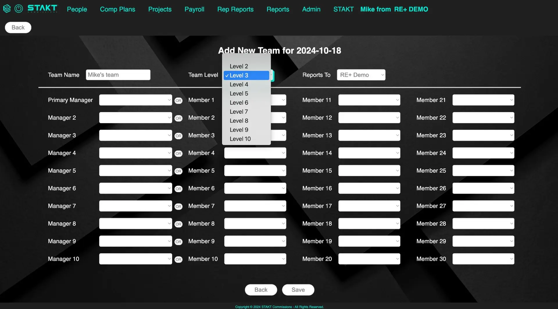 STAKT Add New Team screen for 2024-10-18, showing team creation form with fields for team name, level, managers, and members.