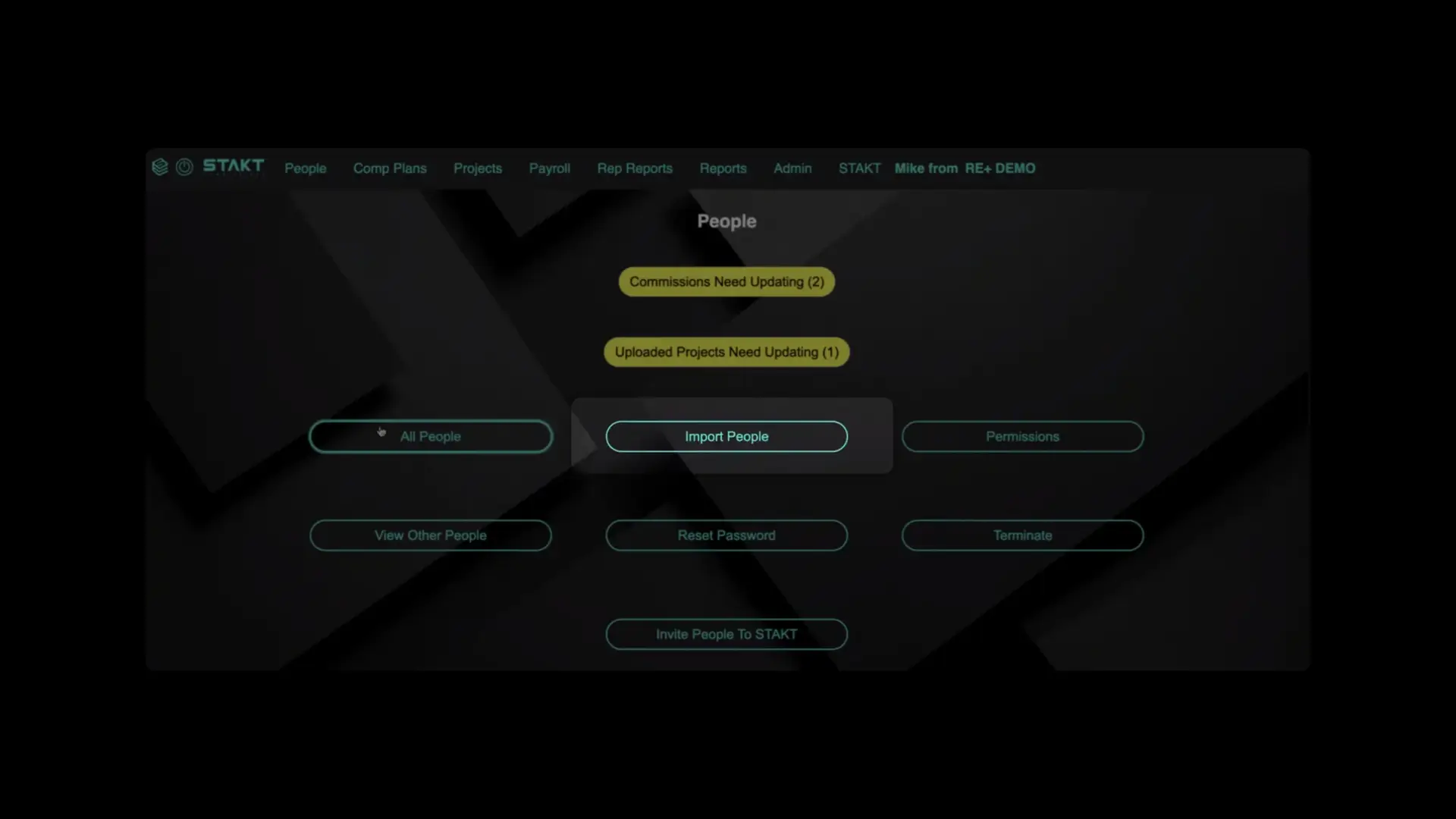 STAKT People section with options to manage individuals, including updating commissions and projects, and buttons for actions like importing people and resetting passwords.