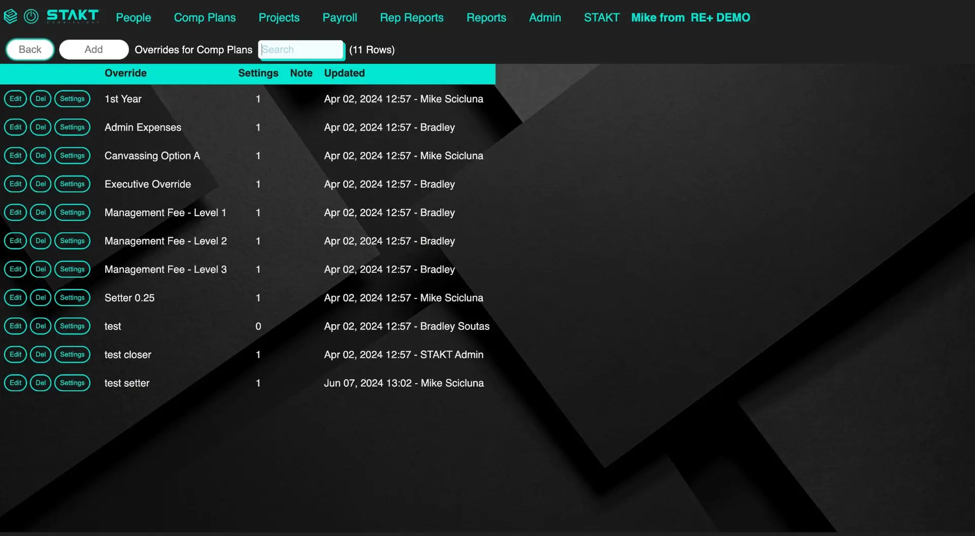 STAKT Comp Plan Overrides screen showing a list of overrides with options to edit, delete, and adjust settings.