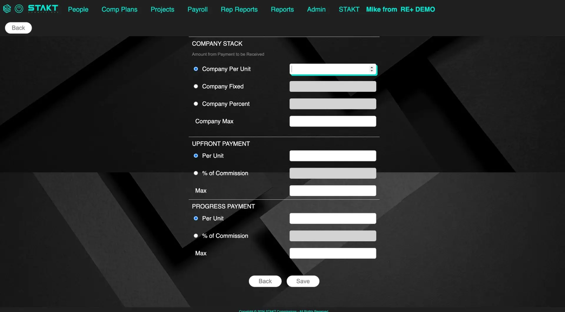 STAKT Comp Plans Individual Overrides screen showing payment configuration options.