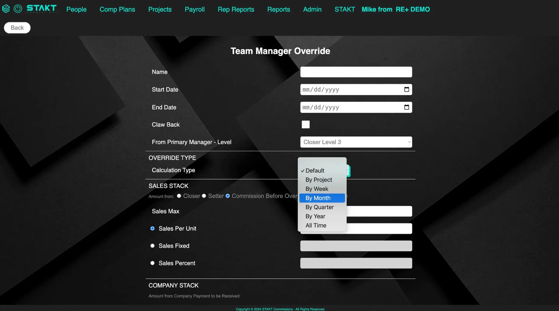 STAKT Team Manager Override screen for managing compensation plans.