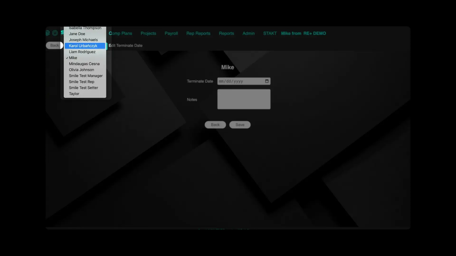 STAKT Edit Terminate Date screen under Comp Plans feature