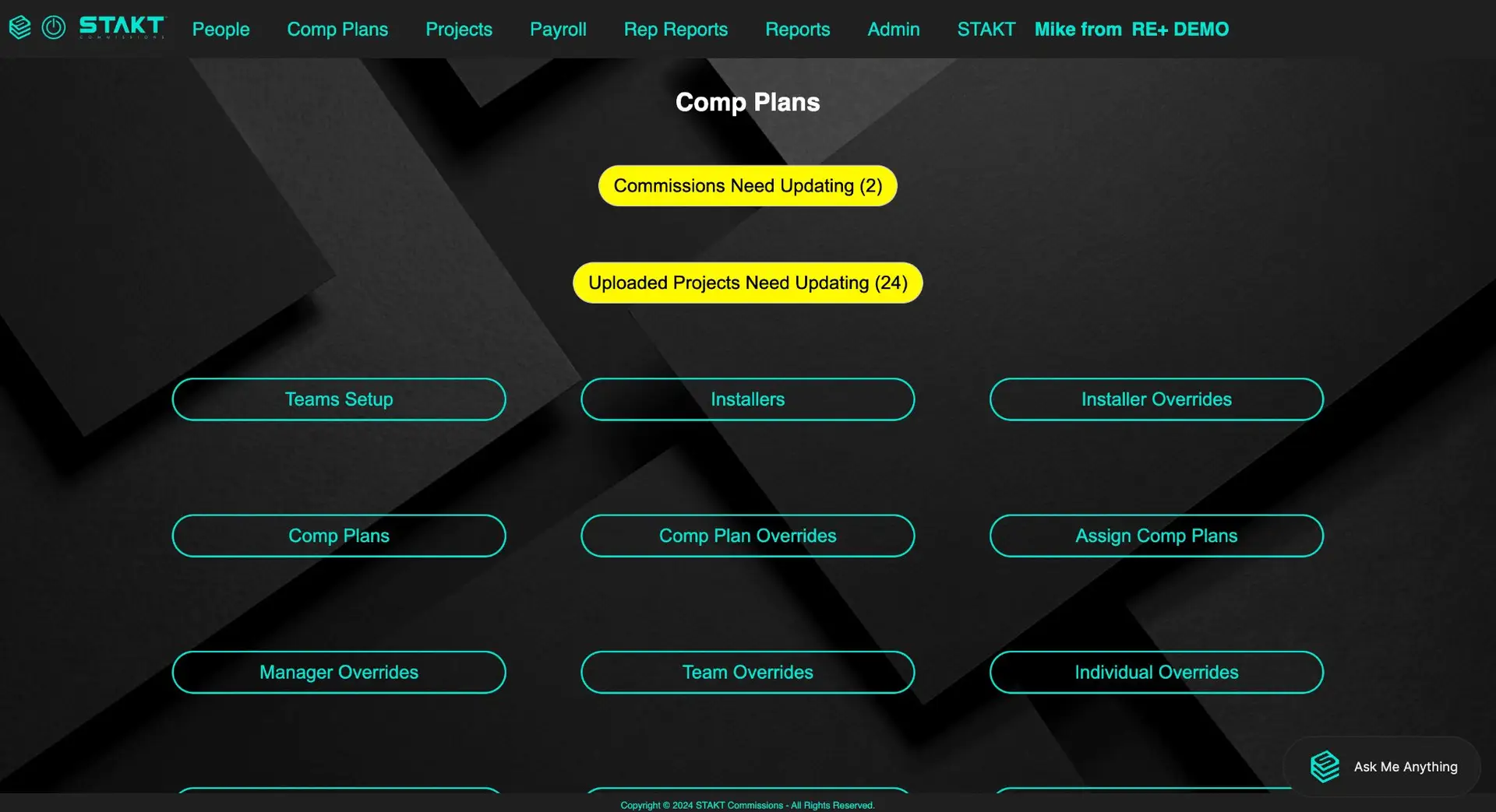 STAKT Comp Plans screen with options for managing compensation plans and notifications for updates.