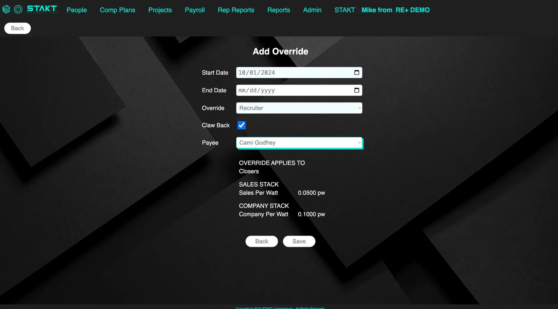 STAKT Add Override screen for Comp Plans feature