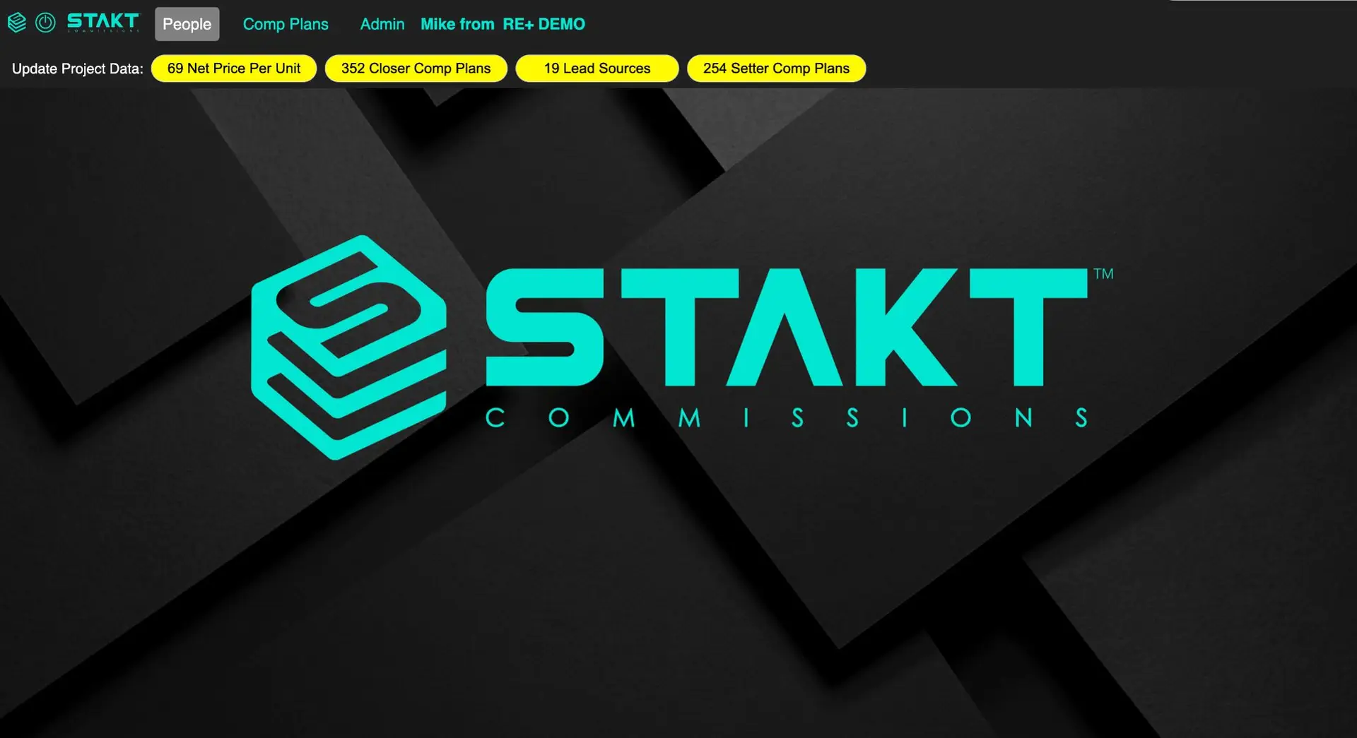 STAKT Commissions application interface with navigation bar and project data metrics.