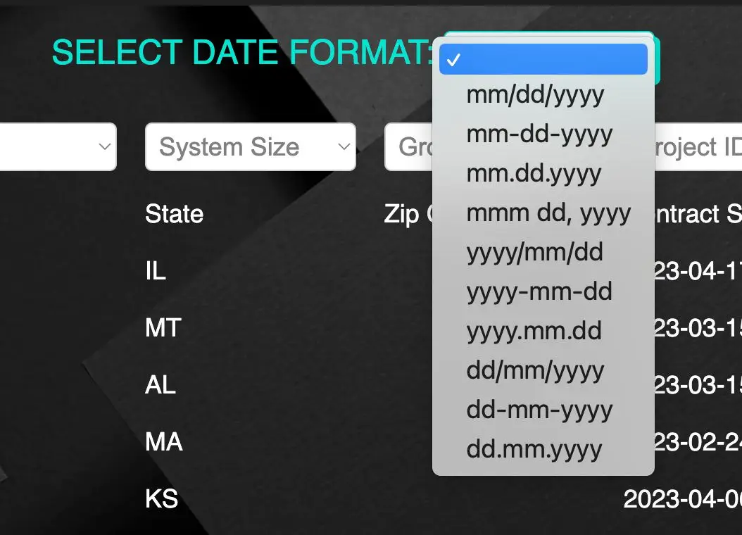 STAKT Projects Upload - Select Date Format Dropdown